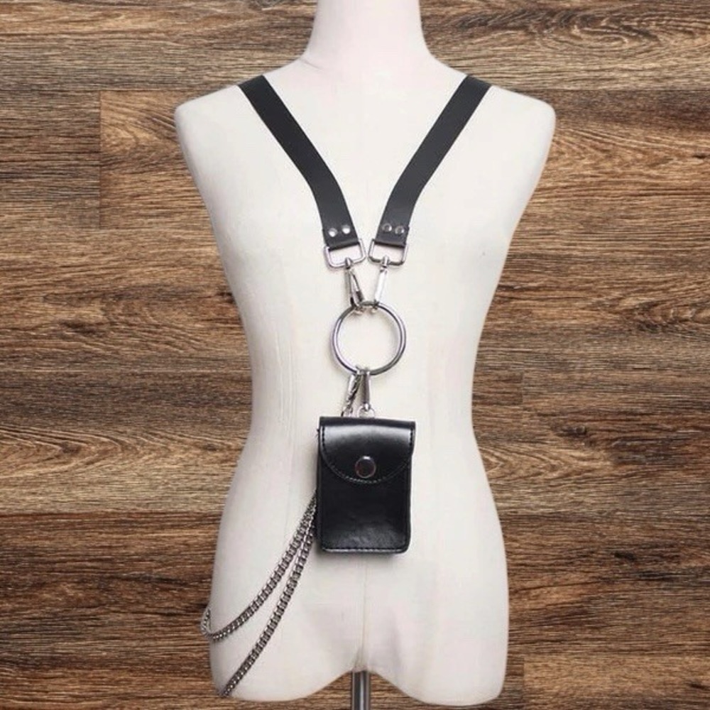Marigold Shadows Engu Chain Mini Bag Black Faux Leather 1"x4"x1" Edgy Goth Punk